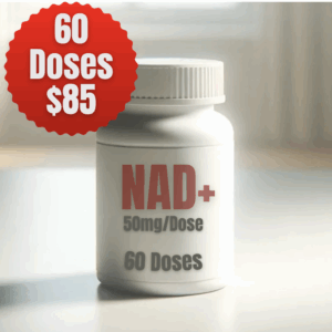 NAD+ supplement bottle with 60 doses priced at $85, featuring 50mg per dose, highlighting health and wellness focus.